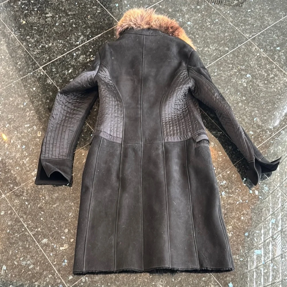 Roberto Cavalli Shearling Suede Black Fox Fur-Trimmed Women's Coat Size 48 - Picture 11 of 13